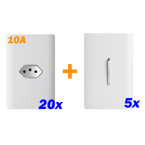 Kit 20 Tomadas 10A + 5 Interruptores Simples - Dicompel Novara